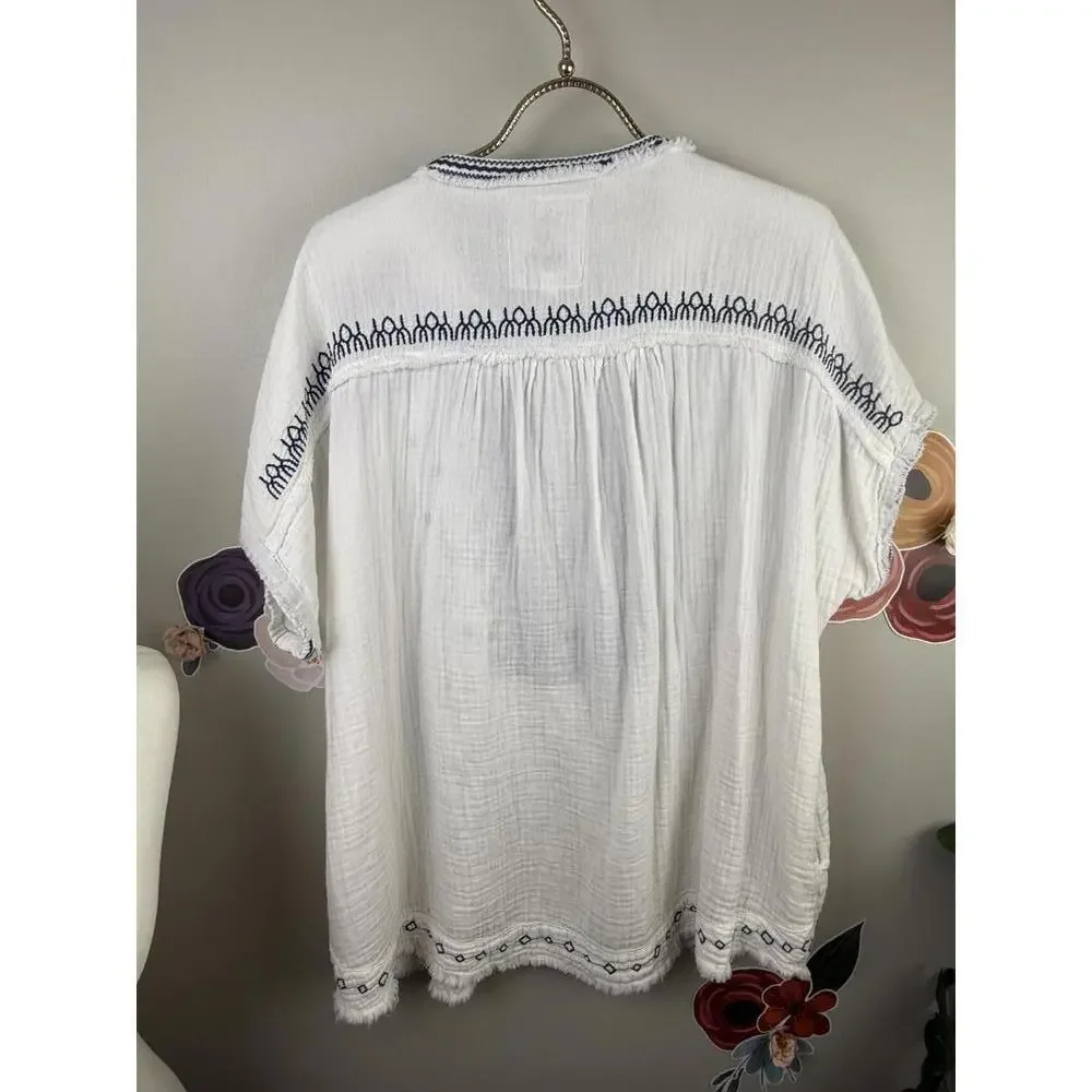 Johnny Was White and Navy Cotton Embroidered Tunic - Size - Small - Picture 3 of 7